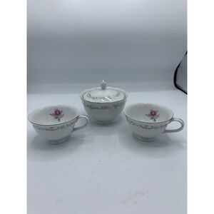 Vintage Royal Swirl Fine China Rose Floral‎  Sugar  Bowl Dish & Two Tea Cups.